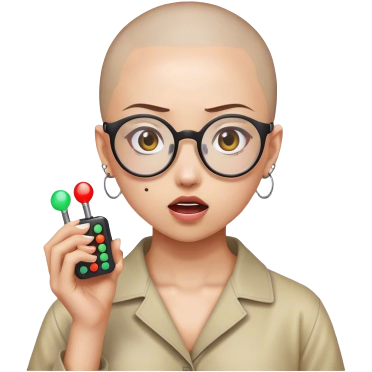 “Hey genmoji, create a half Japanese girlie with glasses holding buzzers and part of her head shaved. She has concepts of a psychotic break emoji