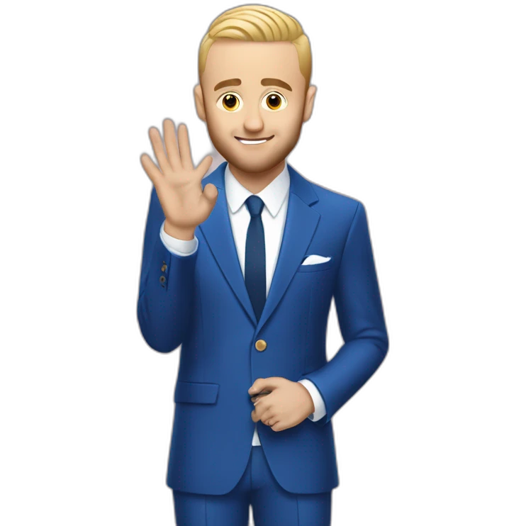 mac miller waving his hand with a blonde comb over skin fade wearing a blue suit emoji