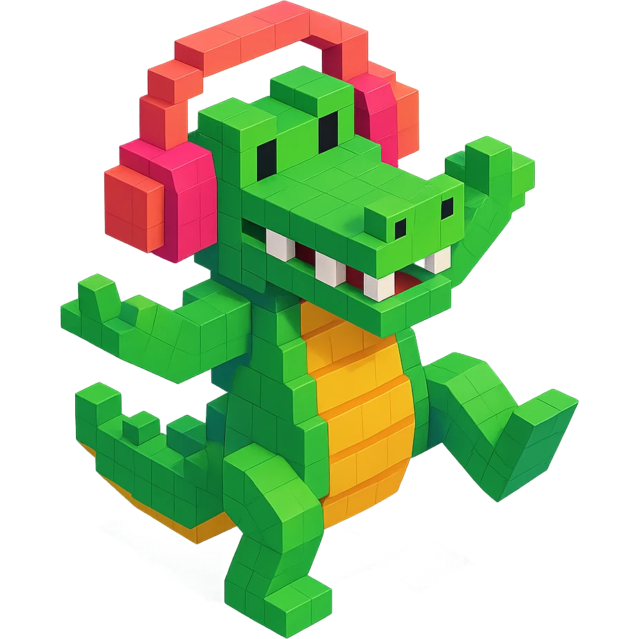 crocodile with headphones dancing, isometric view, voxel style emoji