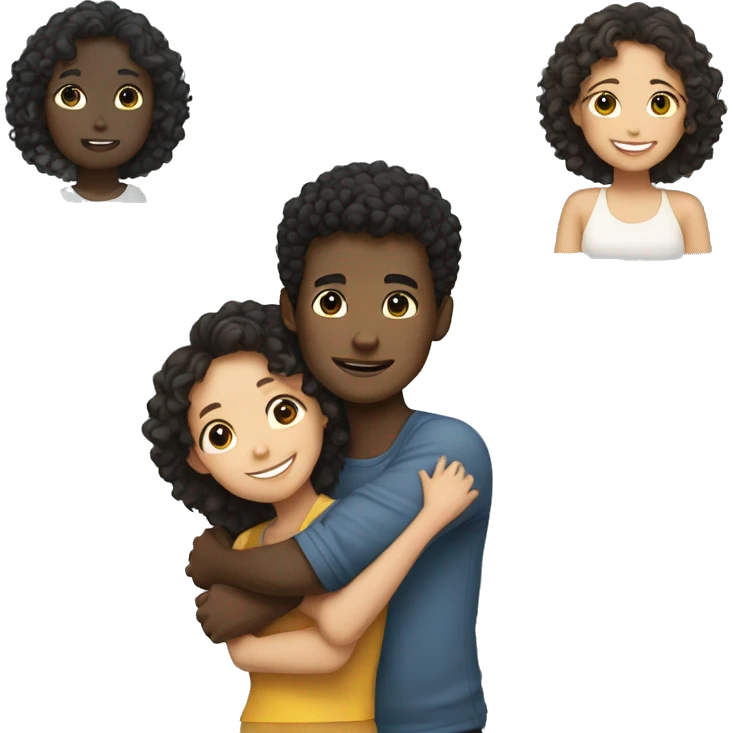 black boy with curly hair and Asian girl hugging emoji