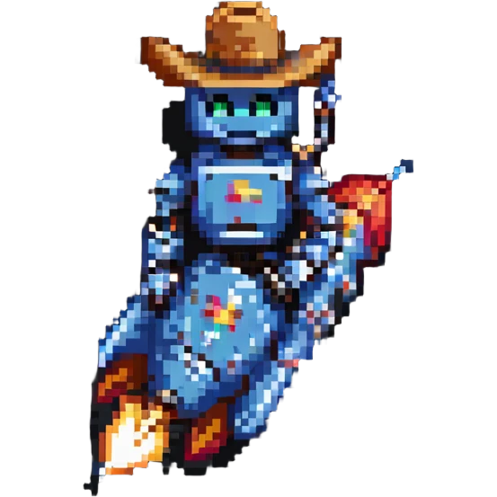 robot wearing a cowboy hat riding a rocket emoji