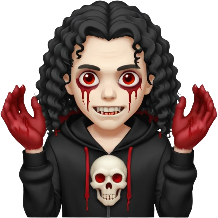 Vampire wearing a black hoodie with a skull logo on it, long curly hair that covers the forehead, fanged teeth and blood on hands emoji