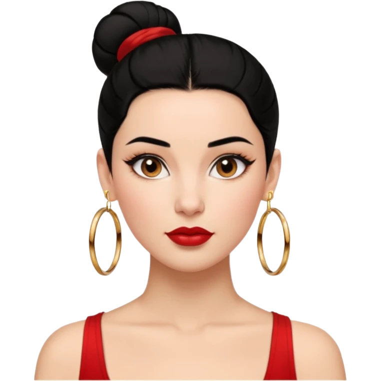 정면 얼굴위주 여성 이모지 생성 : 얼굴이 조금 검고, 검정 헤어를 가진, 올빽머리 스타일링으로 묶고, 볼드한 골드 링귀걸이, 짙은 눈썹과 블러시 위주의 내추럴메이크업, 립은 웜톤레드, 흰색 나시 탑을 입음 emoji