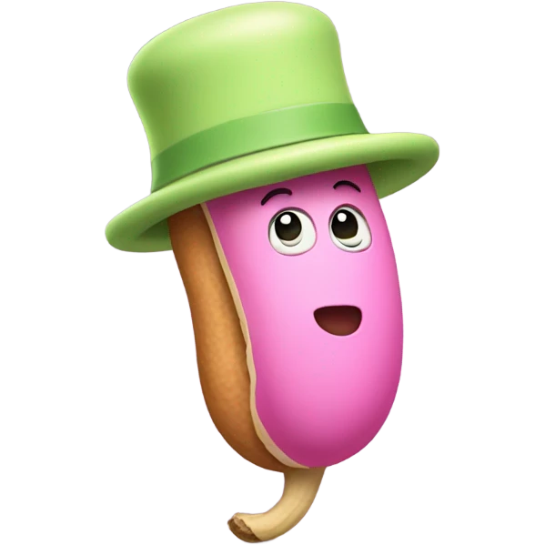 peanut with legs no arms and a pink hat with a light green emoji
