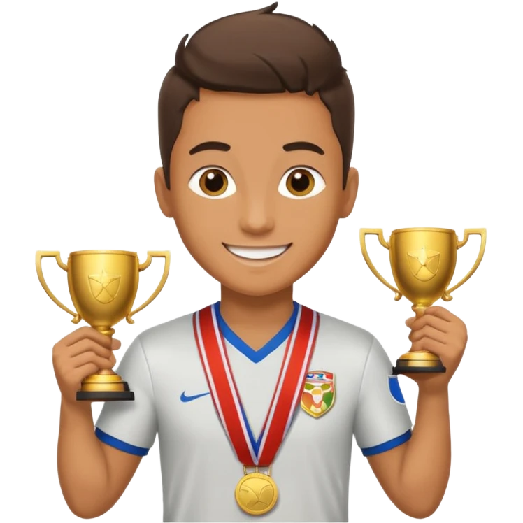 happy soccer player with a first-place medal and a trophy emoji