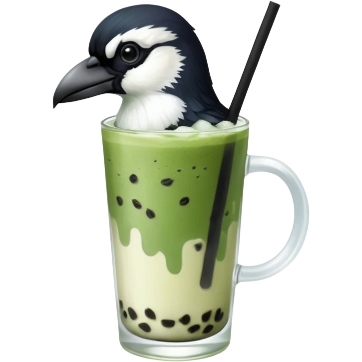  ONE Australien Magpie (just black and white feathers) sitting on an iced matcha latte on the edge of the glass. magpie has green matcha on its beak. matxha latte is in a see through glass and white from thr milk on the bottom and green without seeds on top… one straw & ice cubes emoji