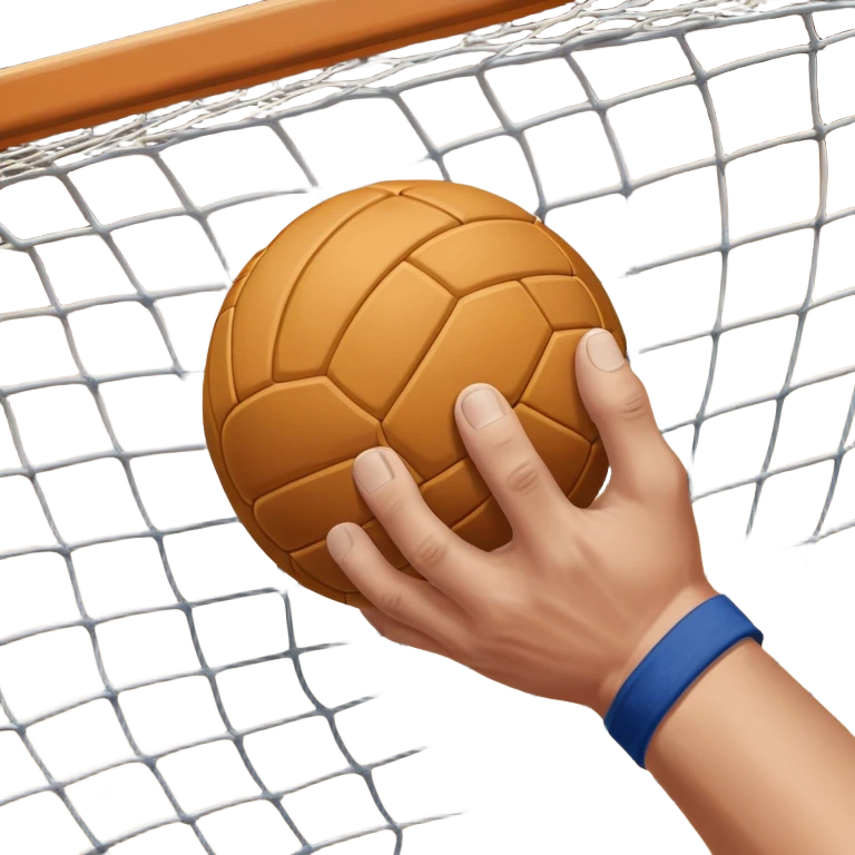 A close-up of a hand gripping a handball, with the handball gates visible in the background. The focus is on the texture of the ball and the strength of the grip, with the goal net slightly blurred to emphasize the anticipation of the throw. emoji
