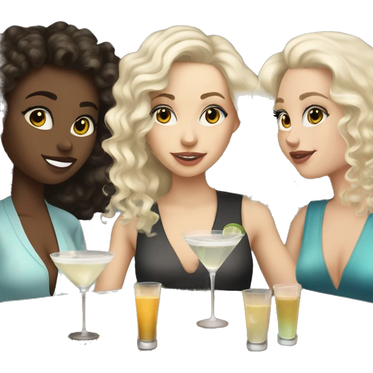 White brunette girl, white blonde curly haired girl, and white blonde straight haired girl all drinking martinis emoji