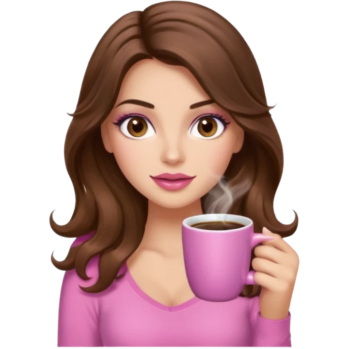 girl with long wavy brown hair, brown eyes, long lashes makeup, sexy pink lips, light to medium complexion, pink sexy top, with a hot coffee mug emoji