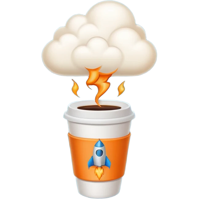 Emoji-style sticker of a takeaway coffee cup with rocket thrusters launching, steam forming a tiny cloud, playful but minimal, bold outline, soft shadows, flat 2.5D, glowing exhaust, transparent background, no text, high-res. emoji