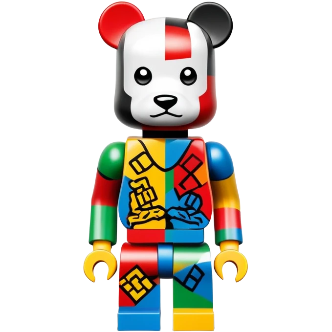 Lego style hustler bearbrick toy figure with X symbols for eyes, blocky Lego aesthetic, graffiti prints emoji