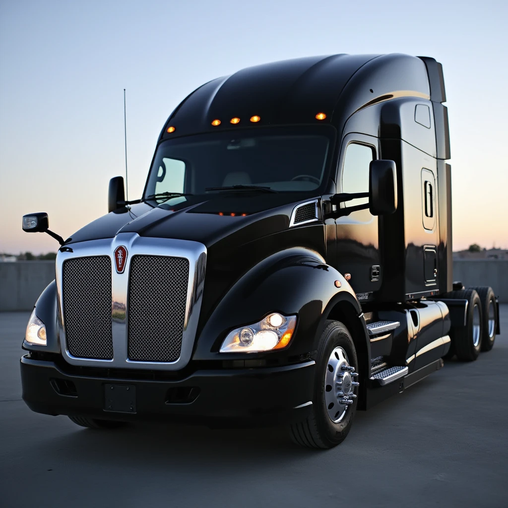 2026 Black Kenworth T680 Sleeper semi truck, side view, headlights on, realistic details, no background emoji