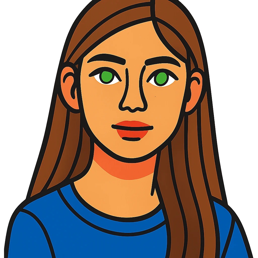 portrait of a 17-year-old girl with green eyes, light skin, and long brown hair emoji