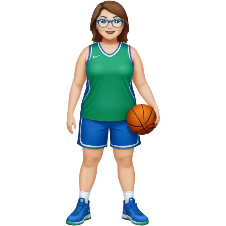 Full Body plus size white female with short brown hair with highlights spike hair wearing blue glasses basketball player wearing blue green uniform smiling emoji