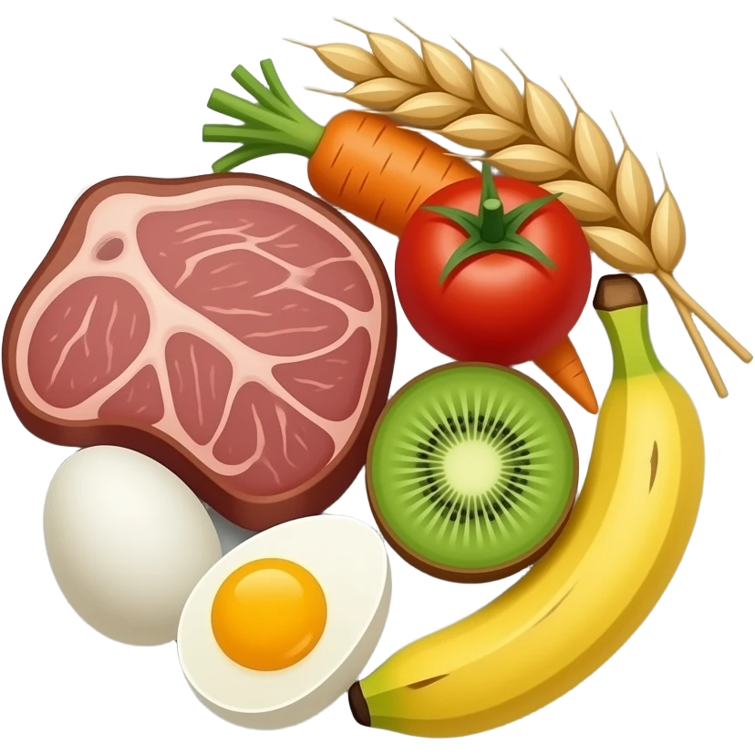 plate with meat fish carrot banana kiwi tomato wheat eggs emoji