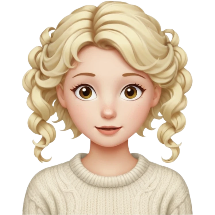 blonde hazel eyes woman with a white cable knit sweater and one curly messy bun with tendrils of hair flowing down her face and she is happy pale, some freckles, blush. she has a cateye wing and long lashes emoji