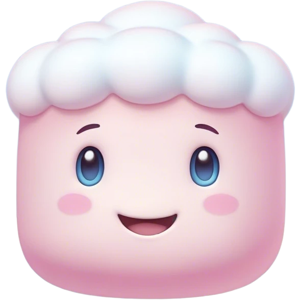 Cinematic fluffy pastel marshmallow character, soft round edges, tiny sparkly eyes, a small happy smile, glowing warmly, floating in a dreamy soft sky. emoji
