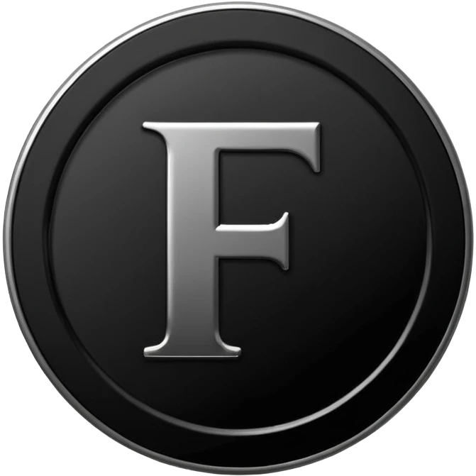 Emoji icon of a black coin with engraved letter F, minimalist style, isolated, only black color emoji