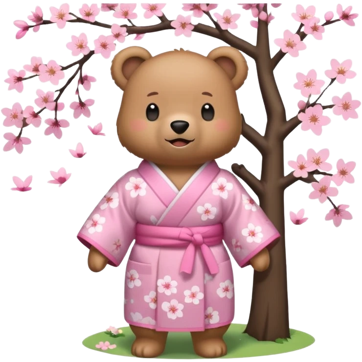 A cute light-brown bear wearing a pastel pink sakura-patterned kimono, normal balanced body ratio.  
Standing under a blooming sakura tree, looking up at falling pink petals with a soft amazed smile.  
Kawaii emoji style, minimalistic clean sticker illustration, simple scenic background. emoji