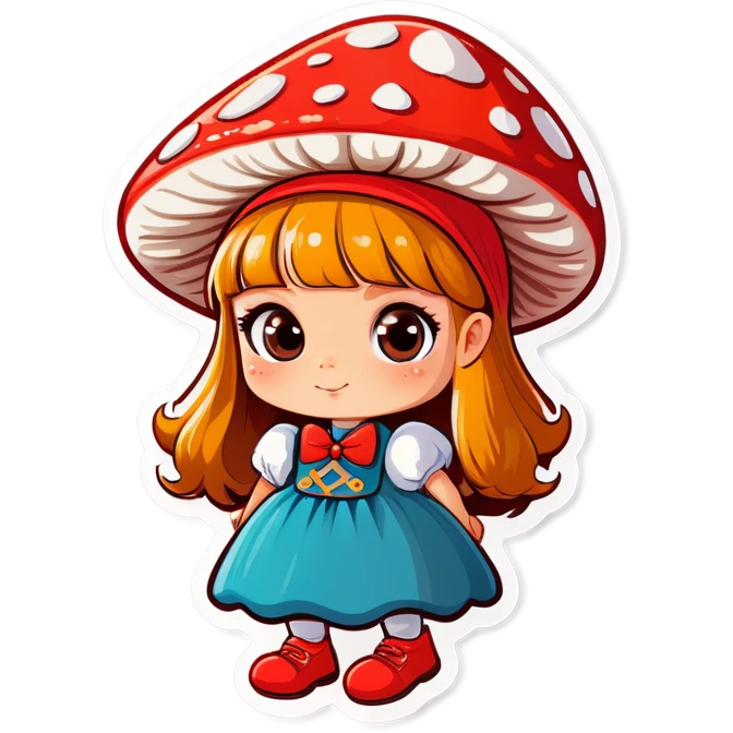 Cute girl of Slavic appearance with a hat on her head in the form of a fly agaric emoji
