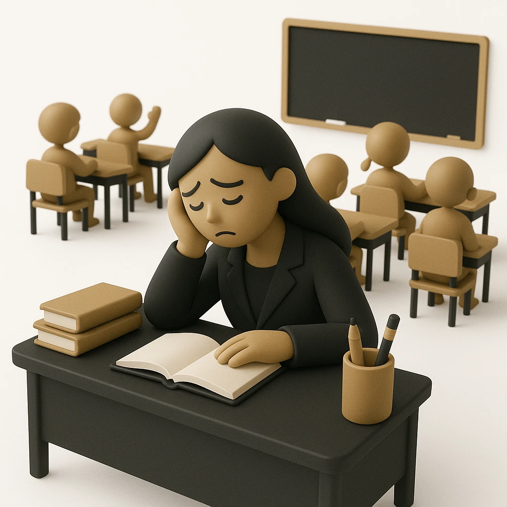 exhausted teacher in a bustling classroom emoji