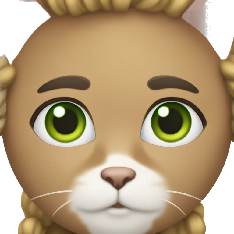 White main coin cat with green eyes. A girl with dark blond hair, brown eyes, a birthmark on her left cheek and thick dark brown eyebrows holding the cat emoji