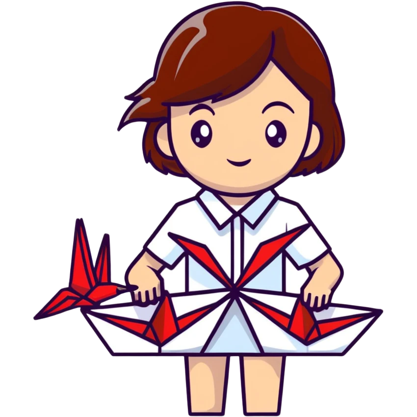 A happy Ukrainian young girl with brown hair in a white embroidered shirt makes an origami red crane craft emoji