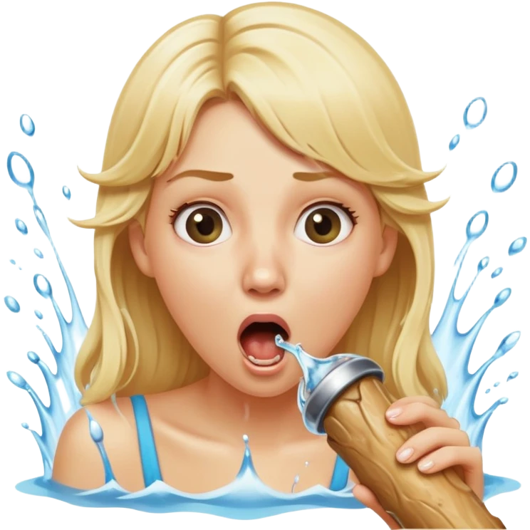 blond woman eating a wide stick with a round knob, both the stick and knob are the same color as her skin, the knob has visible skin texture, water stream squirting from the knob into her open mouth, surprised expression emoji