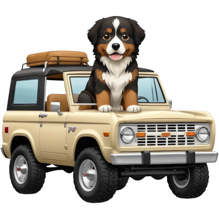 Cream colored ford bronco with no roof and Bernese mountain dog in the seat emoji