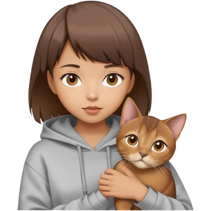 a asian girl with short brown hair and bangs holding an Abyssinian cat， wearing grey hoodie emoji