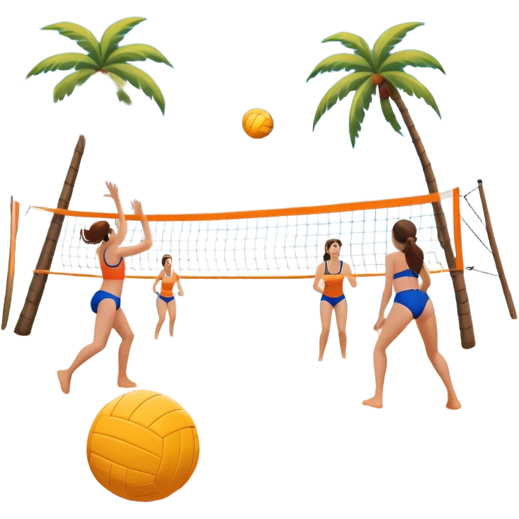 A volleyball resting on the orange sand of a beach, with a volleyball net in the background. The scene includes a beautiful beach landscape with blue sea, sky, and palm trees, while a couple of women in swimsuits play in the distance, capturing the relaxed yet competitive vibe of beach volleyball. emoji