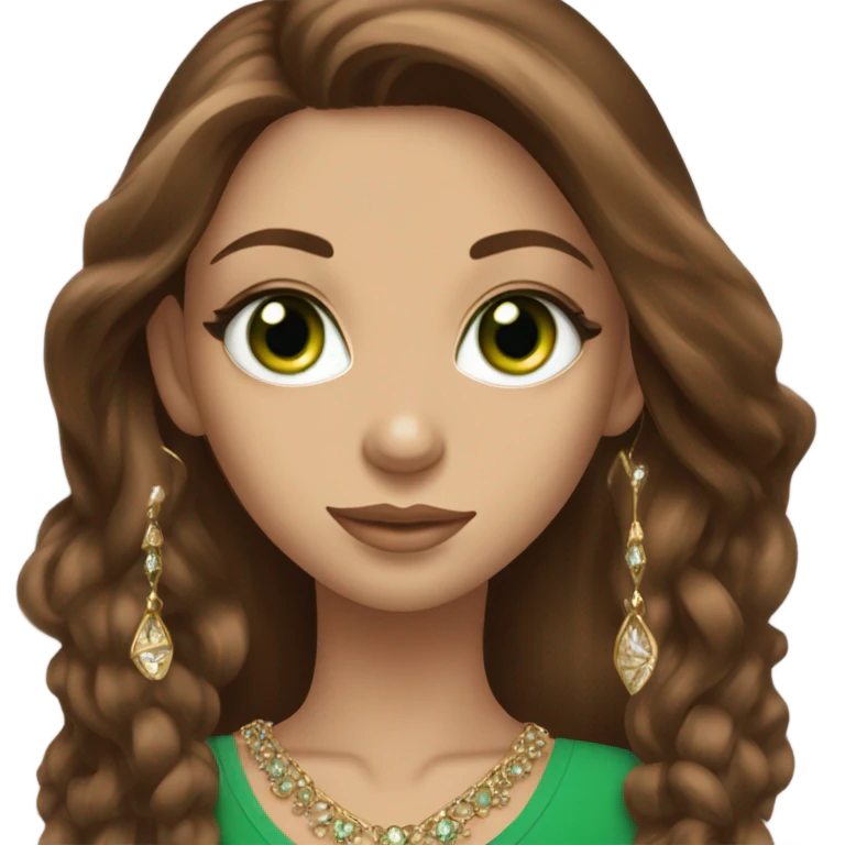beautiful green eyed girl with beautiful long brown hair, that look like a super model, with jewellery  emoji