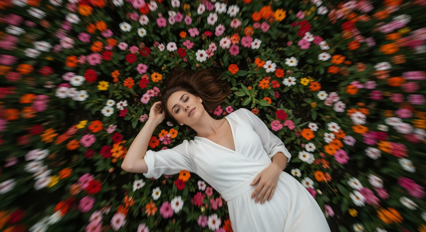 Camera drom top, Motion blur Extreme Closeup photo of a beautifull woman lay around beautifull colorfull flowers, cinematic light, 60/30/10 color rule, 8K, very detailed, sharp, depth (foreground, midground, background) emoji