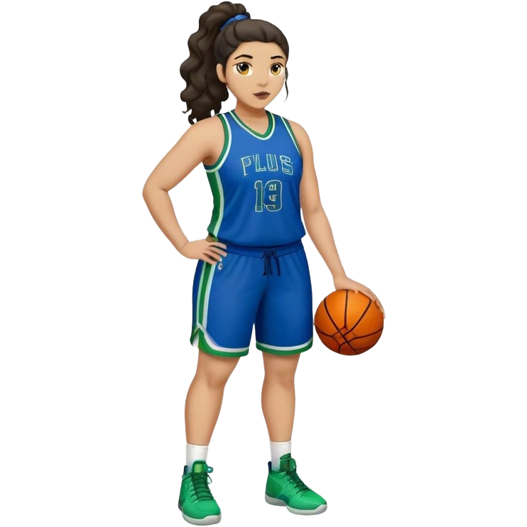 full body plus size light skin latino women basketball player with wavy dark hair in pony tail wide nose wearing blue uniform with green accent emoji