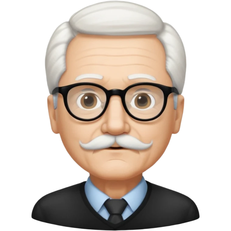 An elderly man with neatly combed white hair swept back, giving a tidy and classic look, and wears black rectangular glasses. His face is oval-shaped with  a small white mustache above his lips.d. emoji