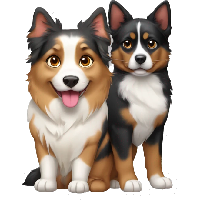 Fat calico cat with a black and tan Australian Shepard dog emoji