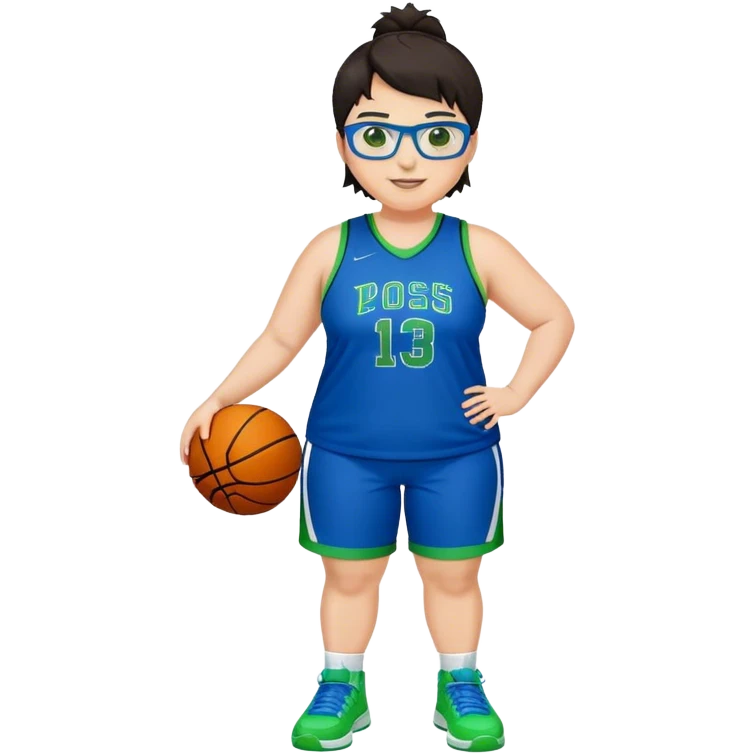 Full Body plus size white female basketball player with short dark hair with highlights spike hair wearing blue glasses  wearing blue green uniform  green sneakers smiling emoji