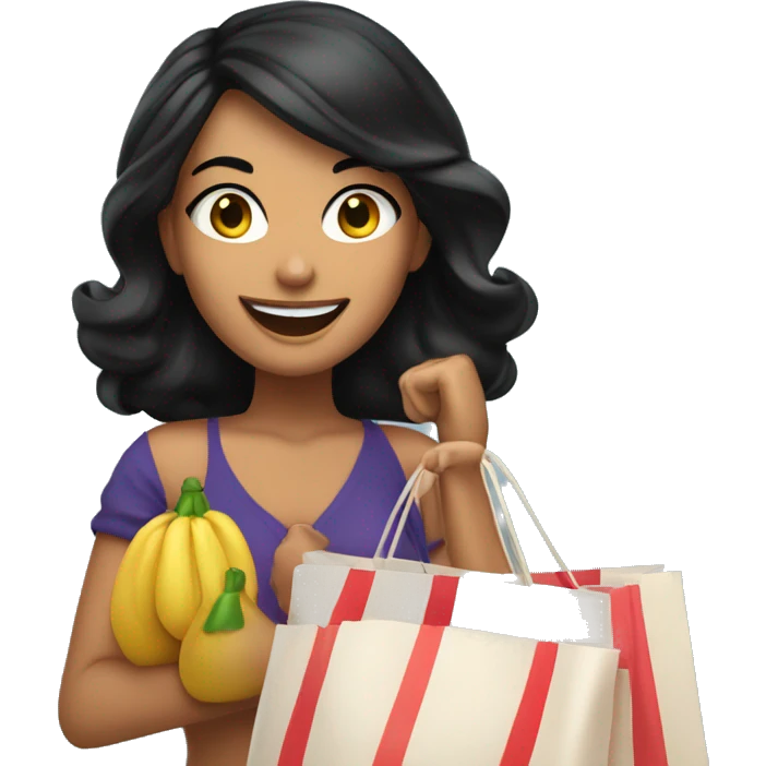 Tanned beautiful italian woman with lin black hair smiling and holding bags shopping  emoji