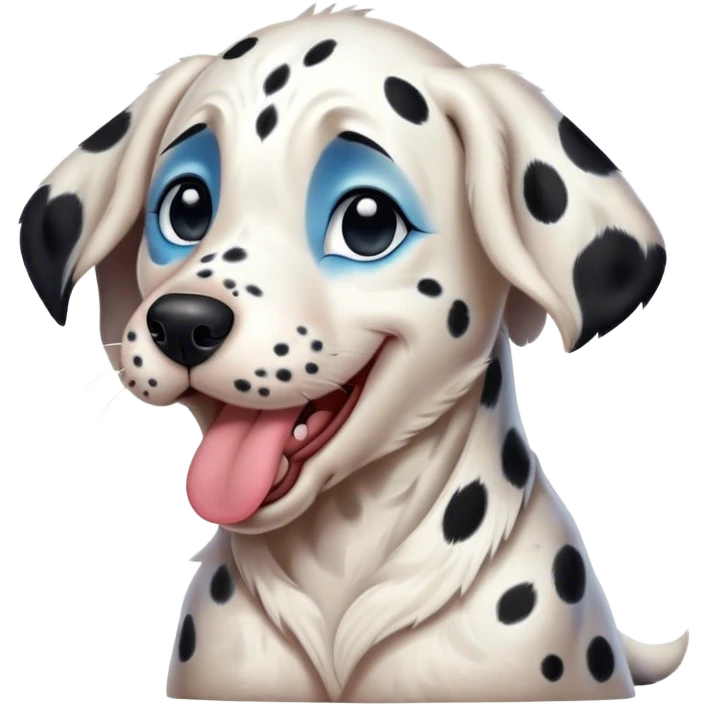 Cinematic Cute Yawning Spotted Dalmatian Portrait Emoji, Head tilted slightly with a dramatic, wide-open yawn, showcasing a smooth Fur of predominantly white with bold black patches, floppy ears slightly drooping, round blue eyes barely open in drowsy contentment, Simplified yet irresistibly adorable features, highly detailed, glowing with a soft, cozy glow, high shine, relaxed yet expressive, stylized with a touch of whimsy, bright and endearing, soft glowing outline, capturing the essence of a sleepy yet affectionate guardian, so drowsy it feels like it could stretch out of the screen and curl up for a nap! emoji