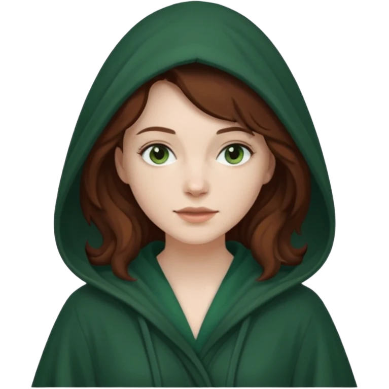 A white woman with dark auburn hair robed and hooded like she's a Traitor in the tv show The Traitors. her hair is slightly curly and the robe is a dark green emoji
