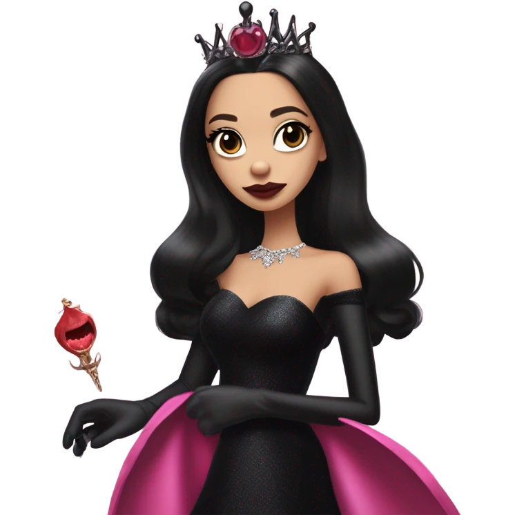 low cut back silk black evening gown with see-through gloves, Jenna Ortega as Addams woman prom queen wearing a mini tiara, very large blood  pink evil-looking horned old dragon companion emoji