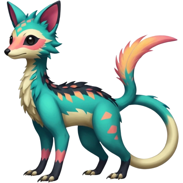 Rare realistic exotic edgy epic pretty beautiful handsome gorgeous aesthetic colorful vibrant Vernid-Trico-species-Fakemon-creature by LiLaiRa, 4 legs, 1 tail, random markings, (full body) emoji