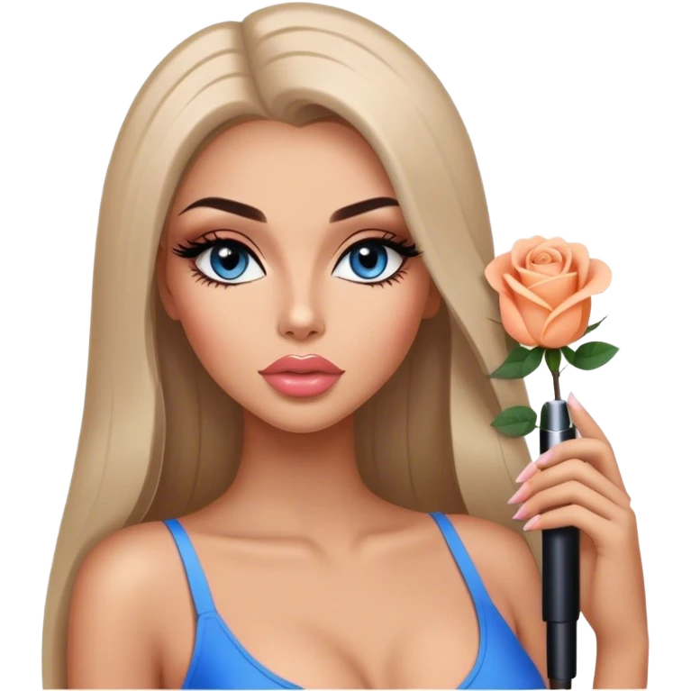 Glamours, tanned, very beautiful girl, with big pump peach-beige-rose lips, long long lashes, black straight smooth silky long hair, straight parting hair, blue-grey eyes emoji