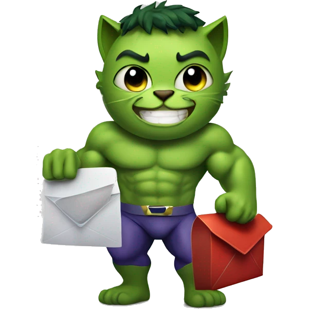 Superhero hulk cat, smiling and holding a mailbox emoji