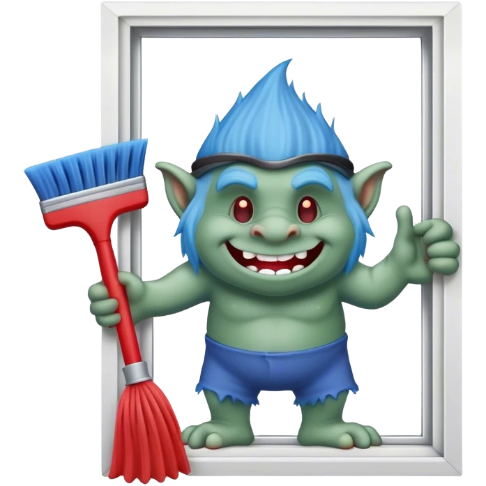 blue Troll cleaning a window using red squeegee emoji