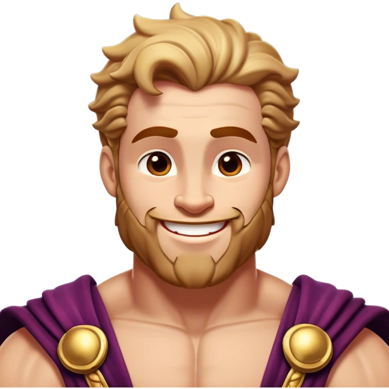 Cinematic Realistic Hercules Portrait, head tilted playfully and inquisitively, showcasing his formidable build softened by a warm, inviting smile. His eyes sparkle with a sense of mirth and determination, while his detailed attire and natural highlights capture the essence of a mighty hero with a friendly spirit. emoji