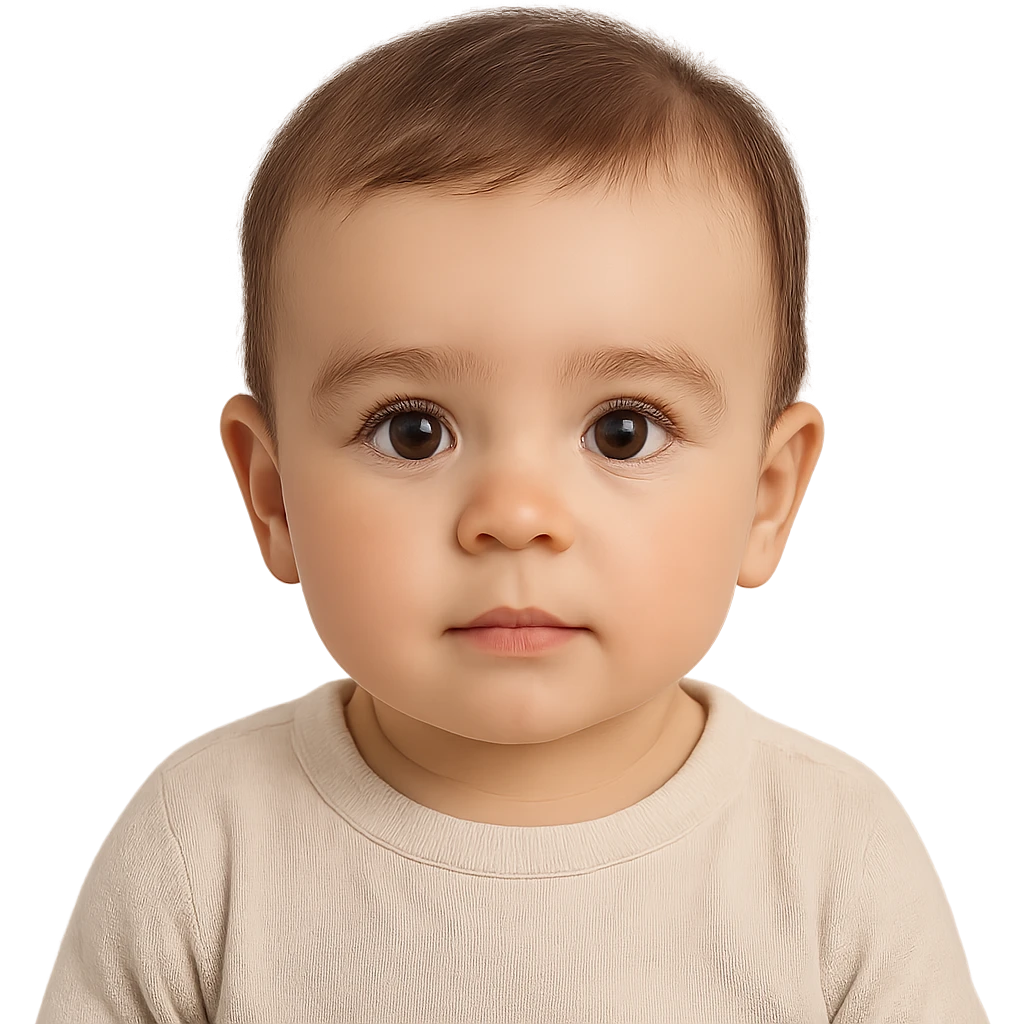 one year old baby with short brown hair, large brown eyes with eyelashes, brown eyebrows, pink lips, transparent background emoji