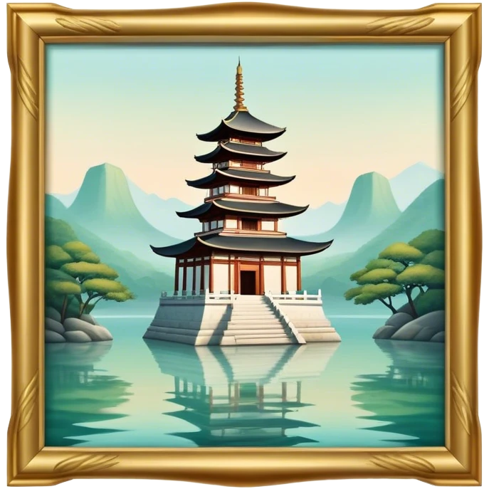 Cinematic Realistic Tran Quoc Pagoda Landmark Emoji, depicted with an ancient pagoda set on tranquil waters rendered with delicate textures and serene, reflective lighting. emoji