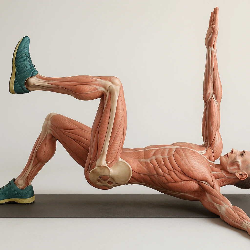 Edit the image of a man in dead bug position, side view, hyperrealistic anatomical 4K version: the arm on the ground is fully extended above the head, pelvis and spine bones visible, translucent muscles and skin, medical atmosphere, realistic anatomical details. Variant 5, slightly change the position of the torso. emoji