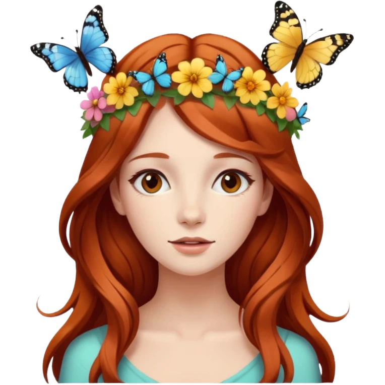 Woman with long flowing auburn hair wearing a flower crown with butterflies in it emoji